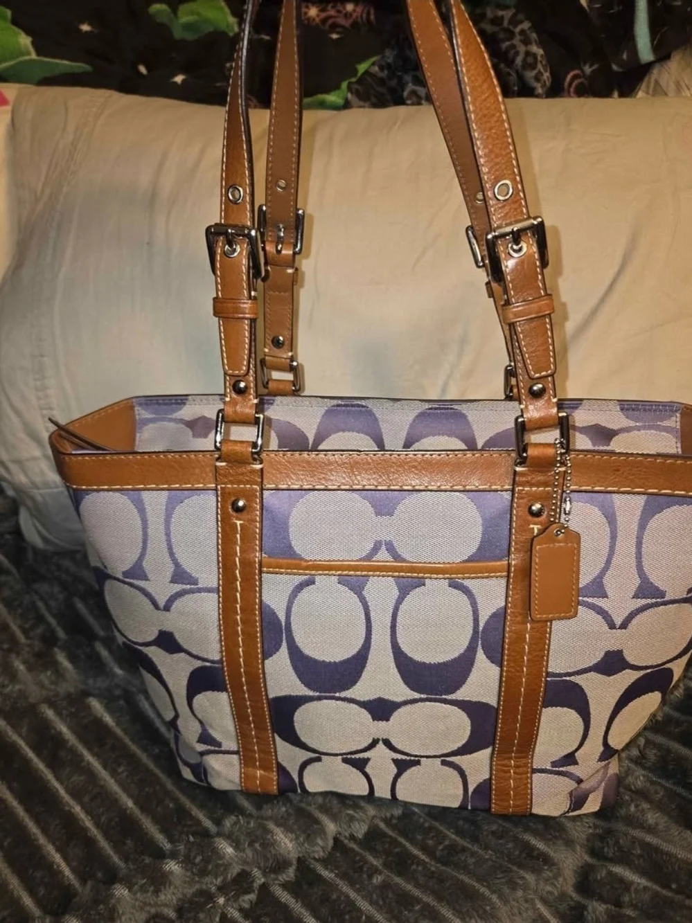Coach Lavendar Signature Canvas Tote with Brown Leather Trim and Wristlet